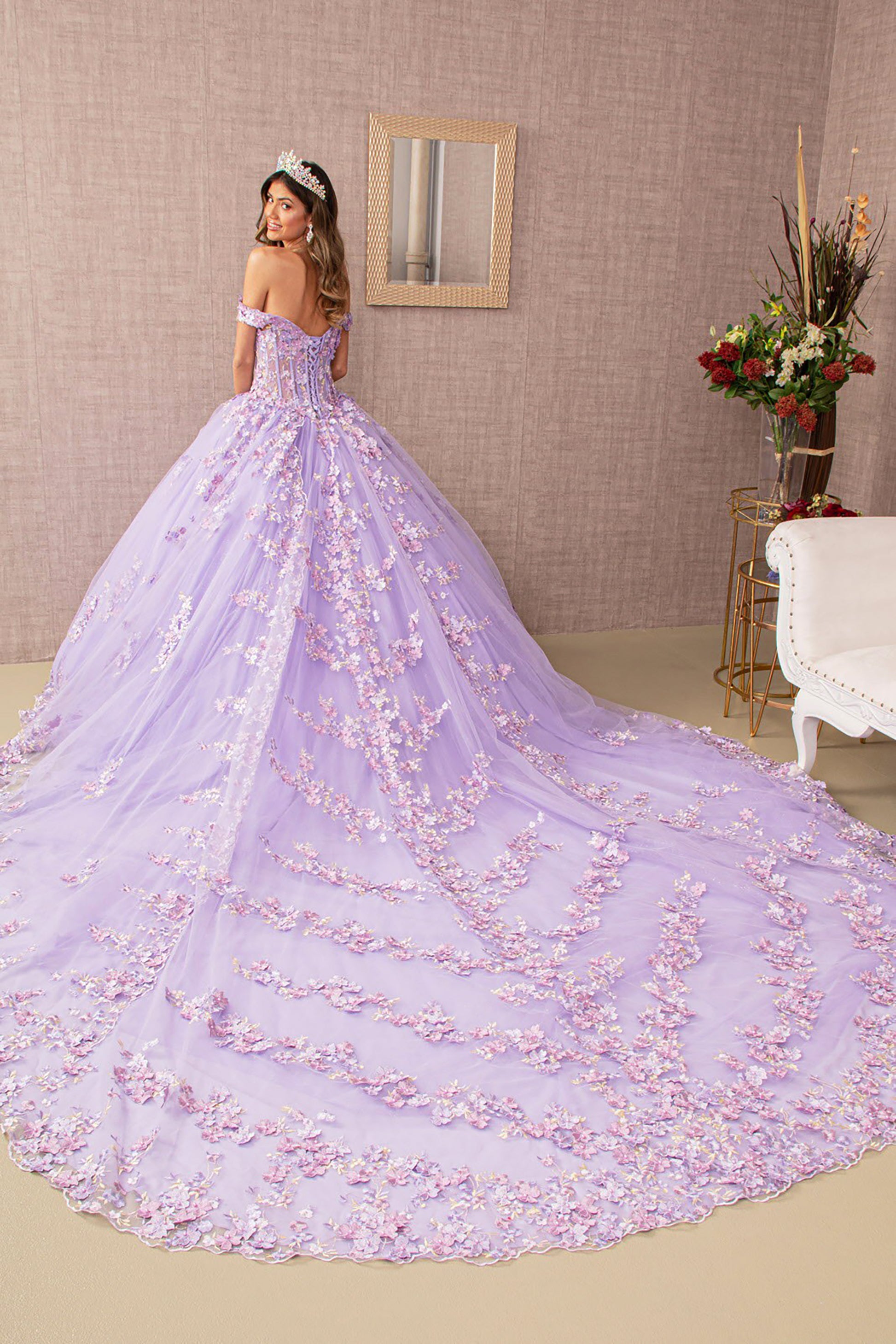  Lilac 3D Flower Applique Jewel Mesh Quince Gown w/ Long Tail back view