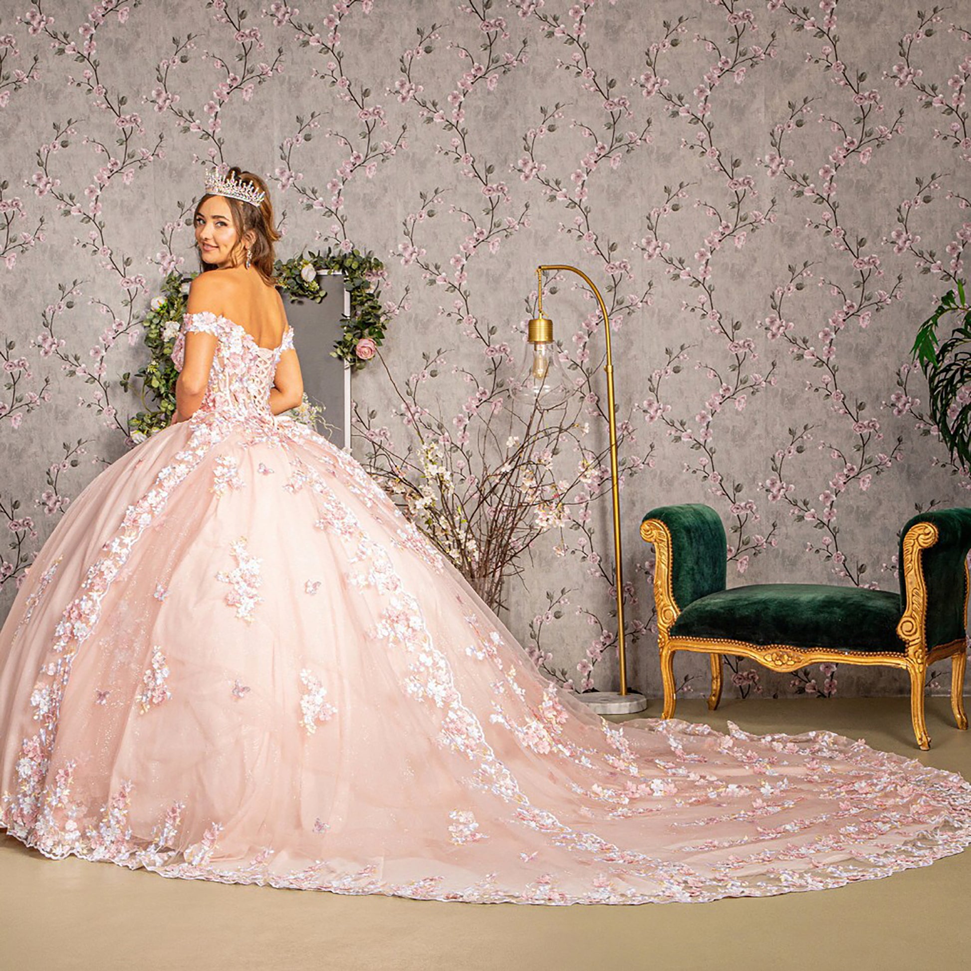 Quinceañera | Blush 3D Flower Applique Jewel Mesh Quince Gown w/ Long Tail | Plus Size Available side view