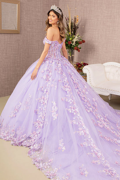  Lilac 3D Flower Applique Jewel Mesh Quince Gown w/ Long Tail side back view