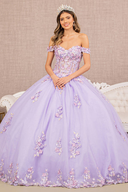  Lilac 3D Flower Applique Jewel Mesh Quince Gown w/ Long Tail front view