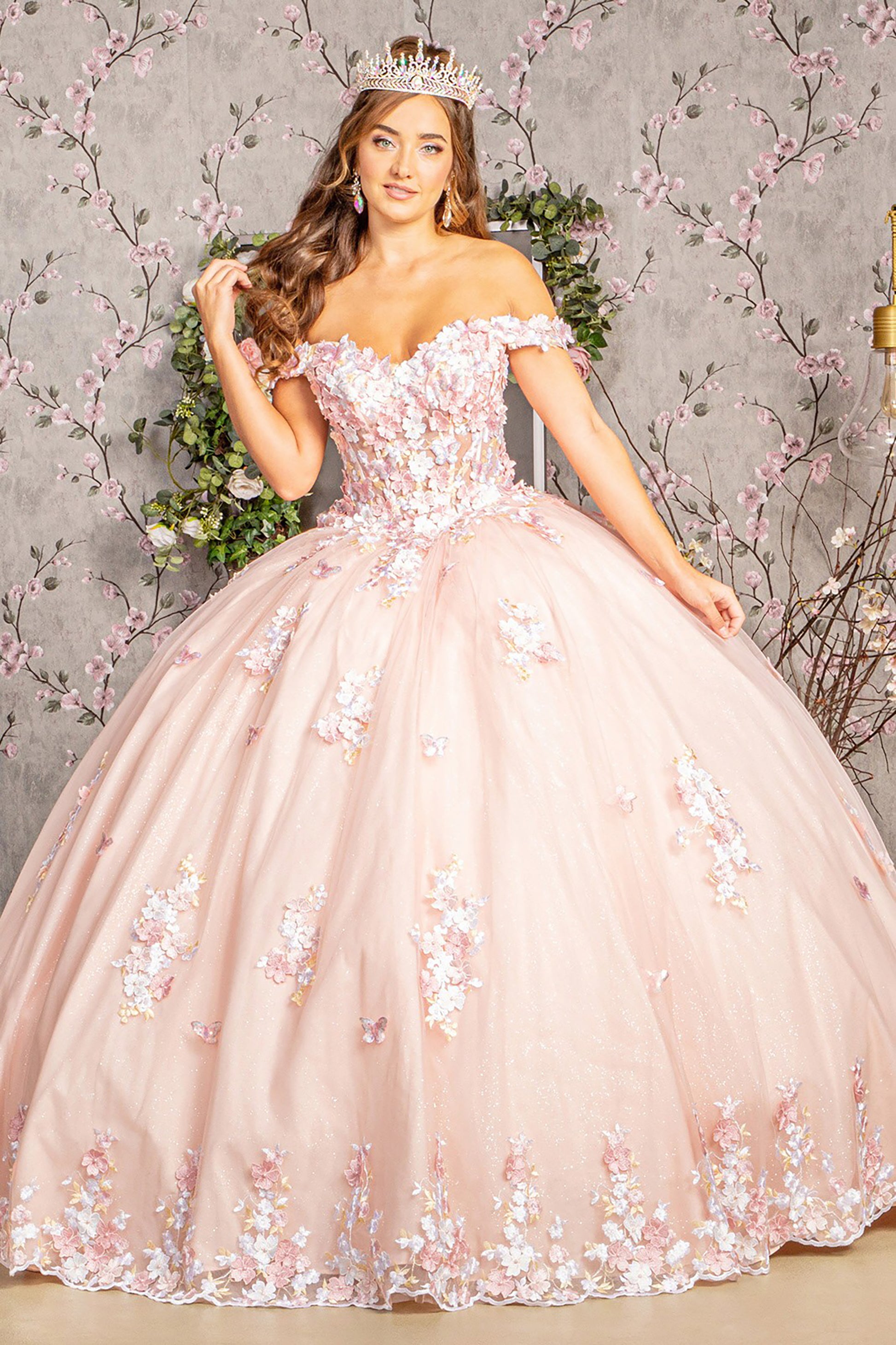 Quinceañera | Blush 3D Flower Applique Jewel Mesh Quince Gown w/ Long Tail | Plus Size Available front view