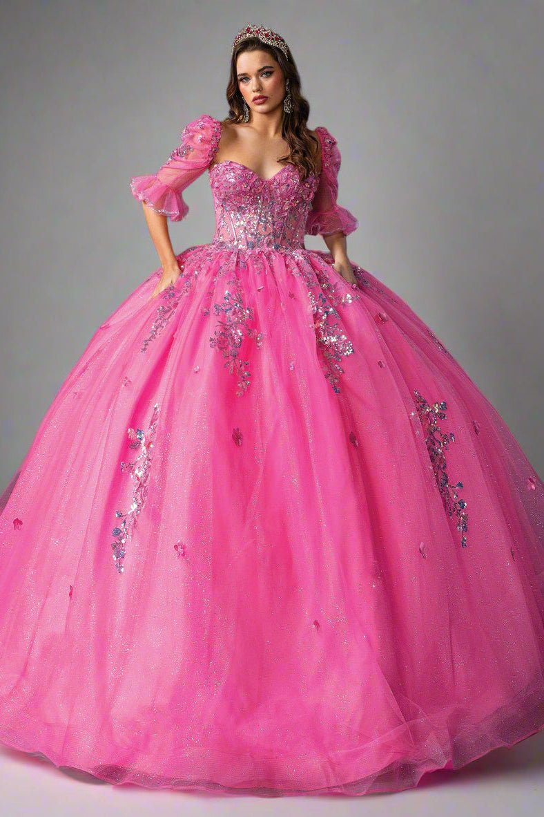 Quinceañera | Rose Pink Strapless Quince Ball Gown with Ruffles | Arcadia dress front