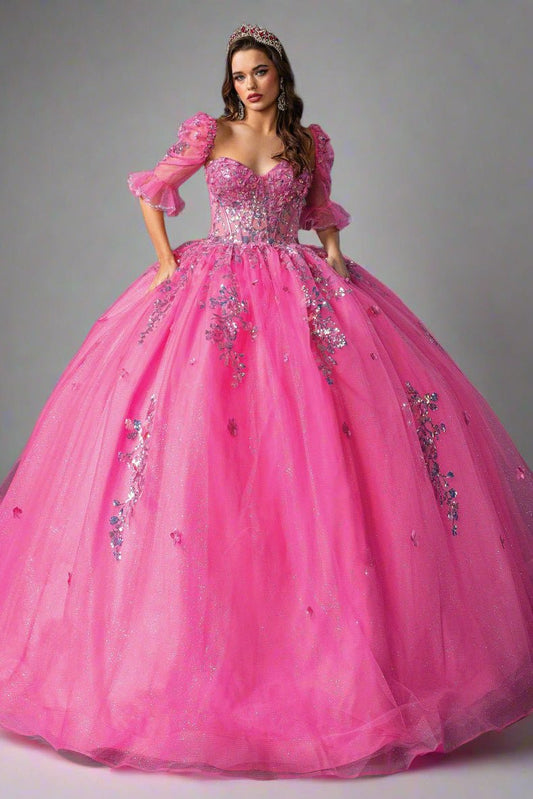 Quinceañera | Rose Pink Strapless Quince Ball Gown with Ruffles | Arcadia dress front