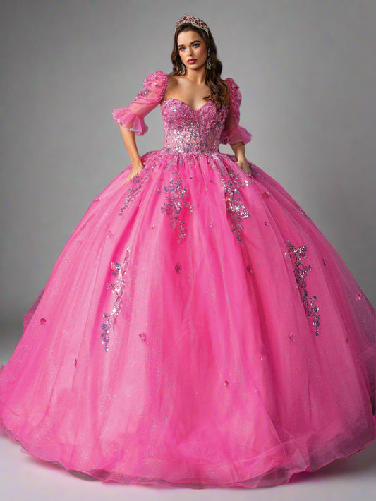 Quinceañera | Rose Pink Strapless Quince Ball Gown with Ruffles | Arcadia dress front