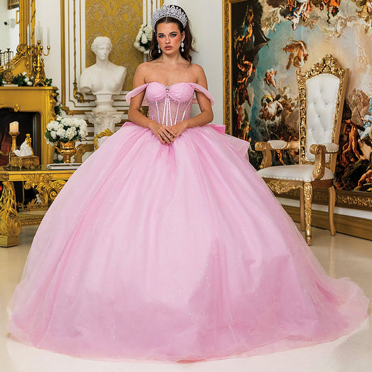 Quinceañera | Pink Ball Gown with Off-the-Shoulder Sleeves and Sheer Corset Bodice | Rosalía dress front