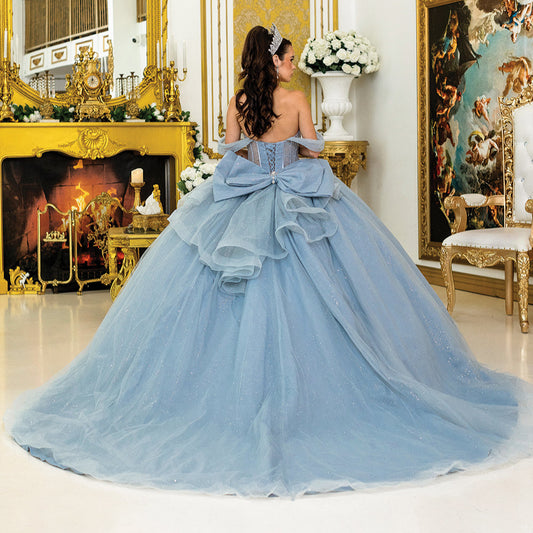  Ball Gown with Off-the-Shoulder Sleeves and Sheer Corset Bodice |  Rosalía dress back view