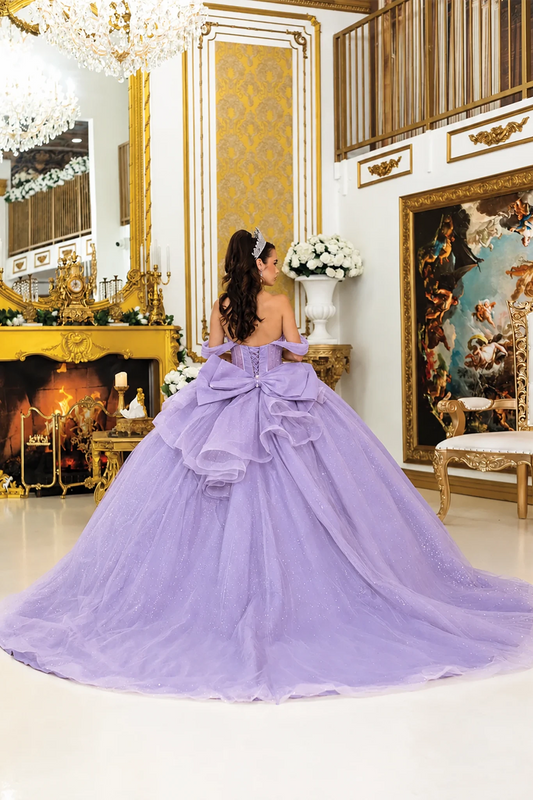 Lilac ruffled overskirt quinceanera dress, back view with lace-up closure