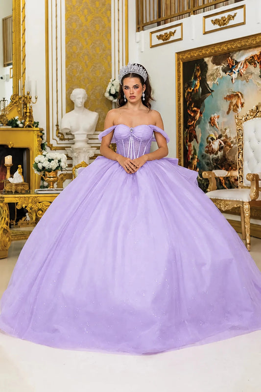 Lilac ruffled overskirt quinceanera dress, full front view