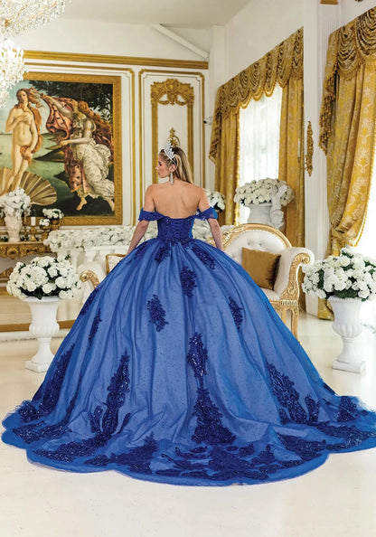 Woman in a blue ball gown with long train standing in an elegant room with gold accents and classical art.
