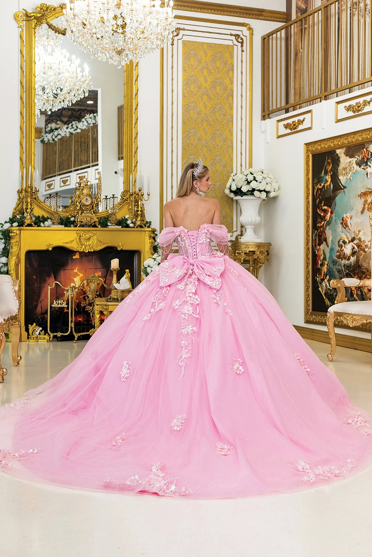 Back view of a Pink quinceañera gown showing lace-up back, puff sleeves, and 3D floral appliqués