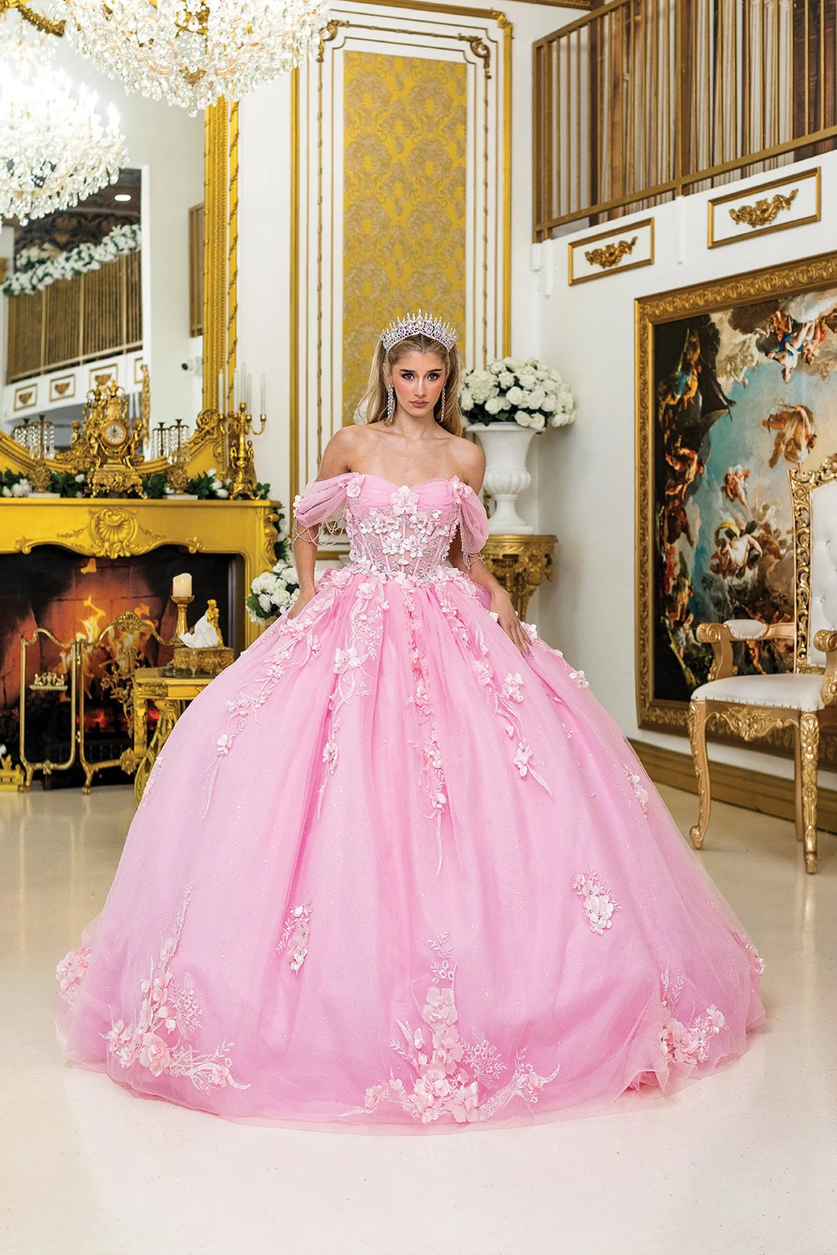 Additional full-length view of a Pink quinceañera gown highlighting 3D floral appliqués, puff sleeves, and off-the-shoulder neckline
