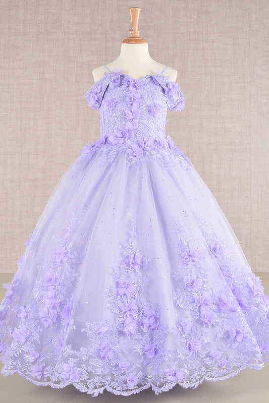 Lilac 3D Floral Applique Embellished Glitter Embroidery Mesh Mini Quinceanera 3 Años Kid Dress front view