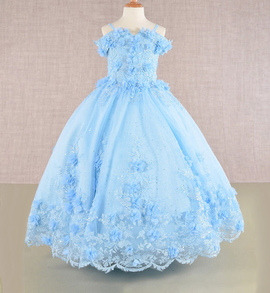 Light blue floral dress on a mannequin against a beige background