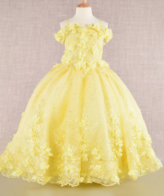 Yellow floral dress on a mannequin against a plain background