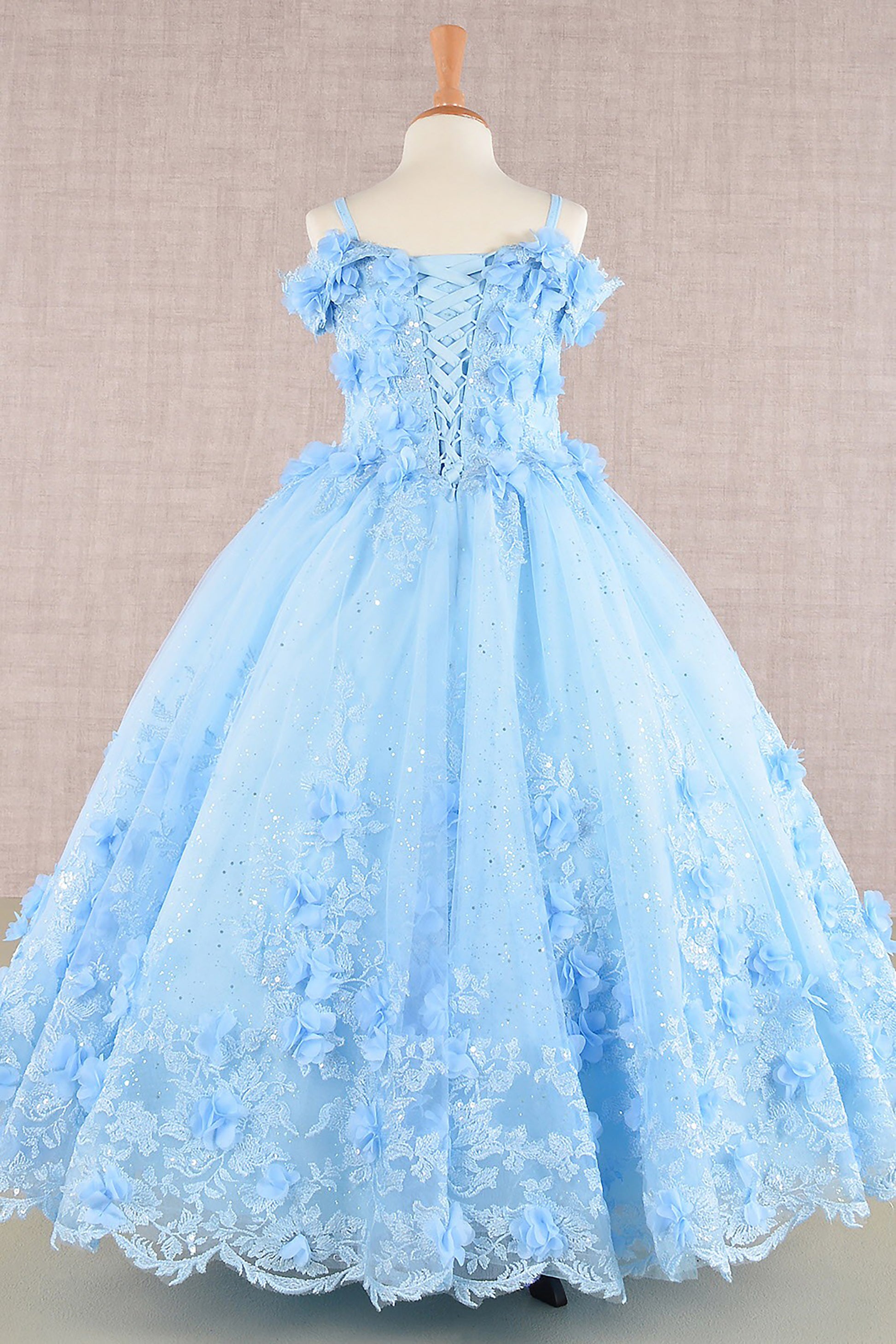 BabyBlue 3D Floral Applique Embellished Glitter Embroidery Mesh 3 Mini Quinceanera  Años Kid Dress  back view