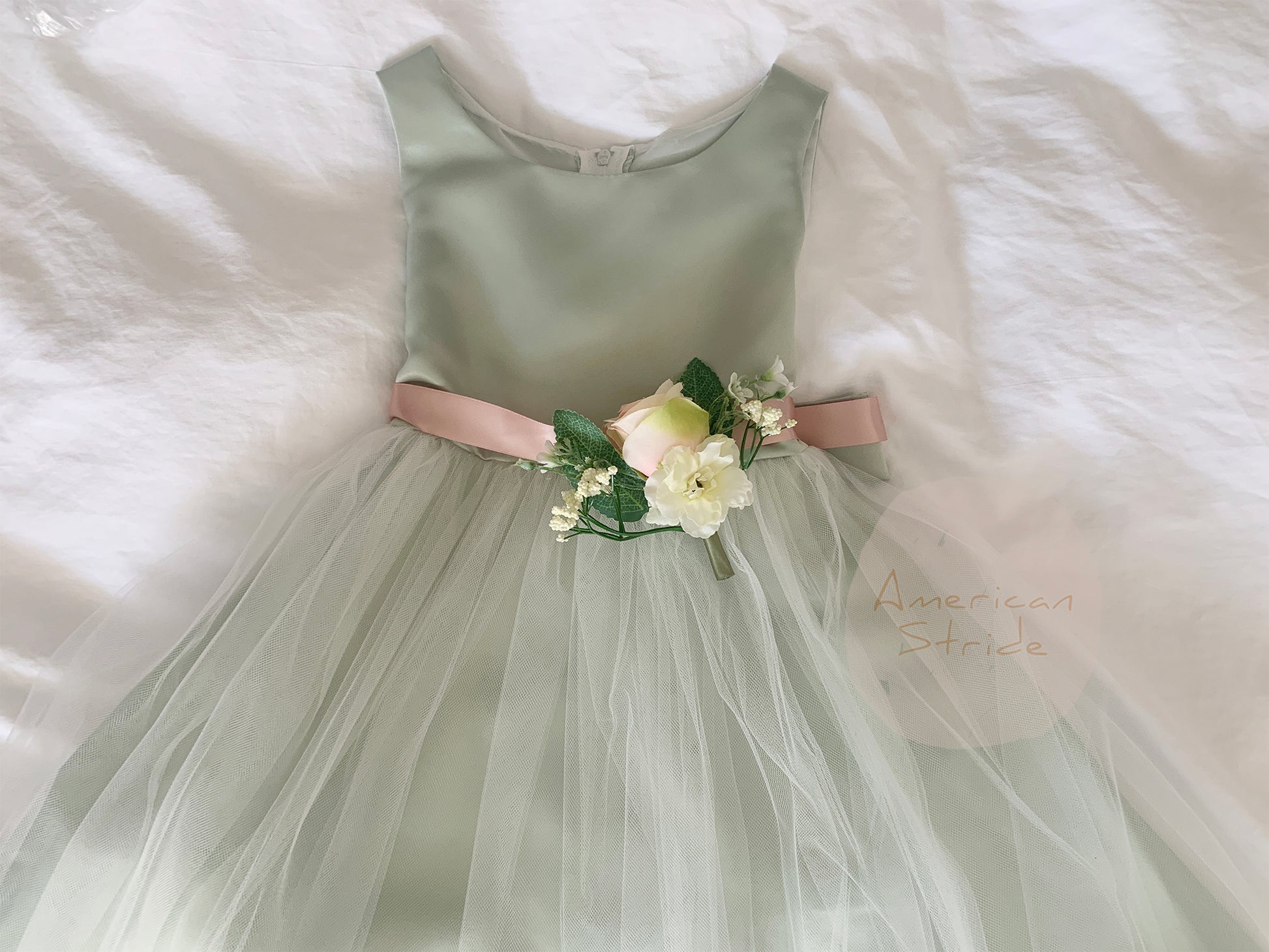 USA Made | Simple Dull Satin and Tulle dress with beautiful pin-on bouquet satin sash Flower Girl dress | 5 Colors Available - front view of dress with flower belt sash