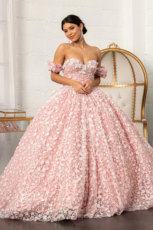 Quinceañera | Dusty Rose 3D Appliqué Jewel Embellished Mesh Ball Gown | Rita dress front and side view