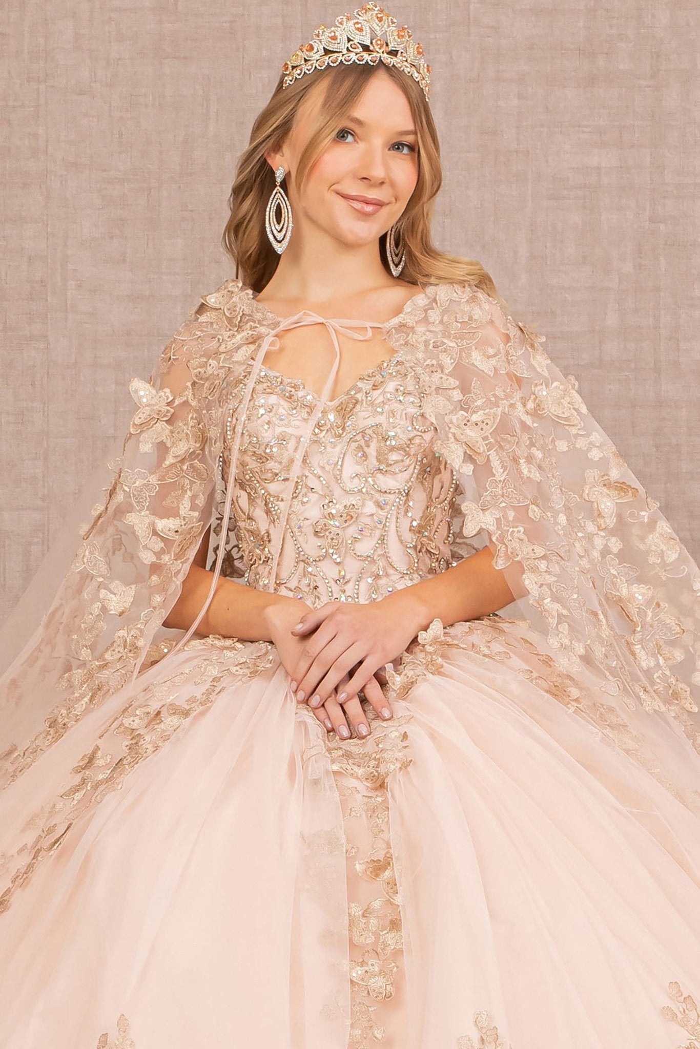 Shimmering Rose Gold Champagne Jewel Mesh Butterfly Ball Gown Mesh Cape M / Rose Gold Shimmering Rose Gold Champagne Jewel Mesh Butterfly Ball Gown Mesh Cape M / Rose Gold