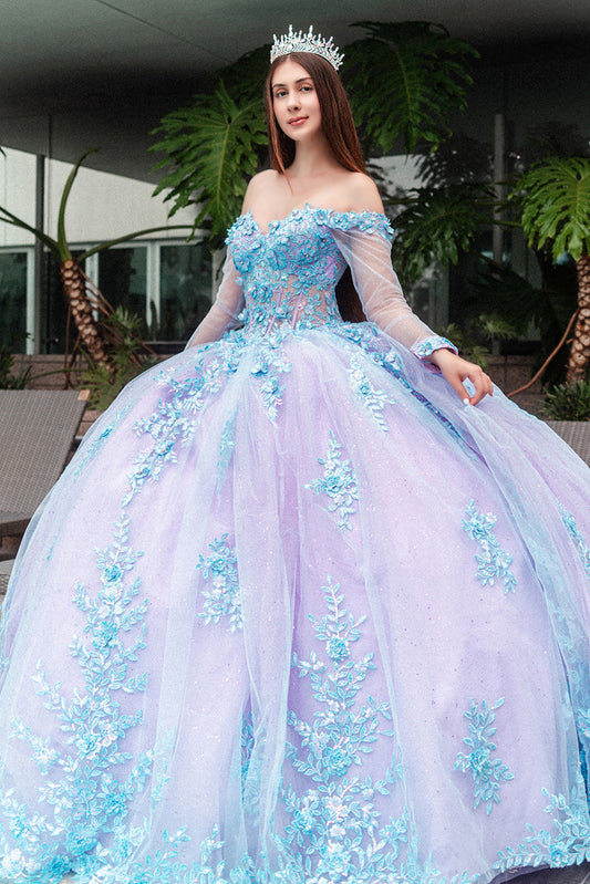 Quinceanera | Lilac Blue Off-Shoulder 3D Floral Appliqués Long Mesh Sleeves Sweet 15 Ball Gown | Miranda dress front view