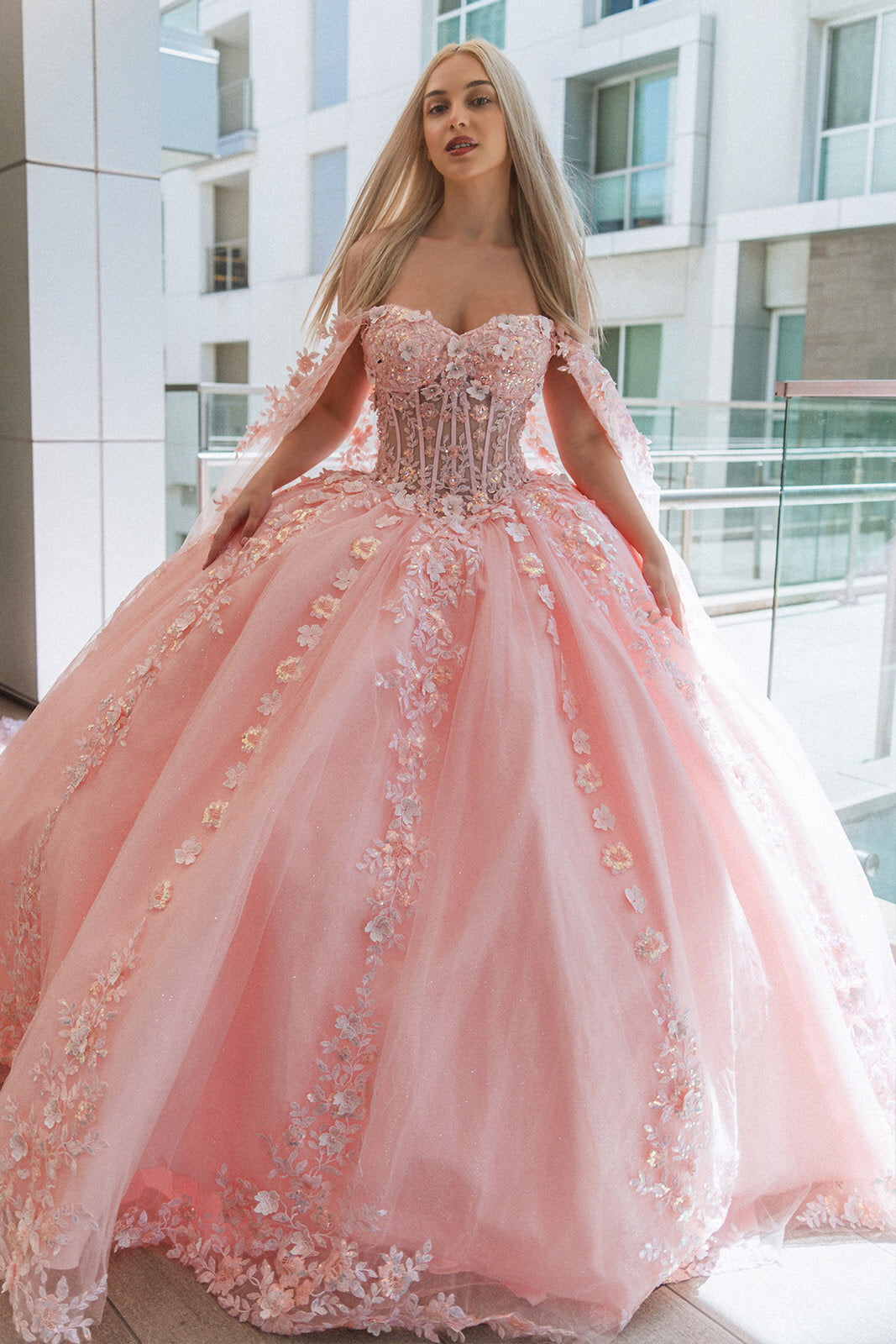 Quinceañera | Blush 3D Flower Sheer Bodice Mesh Long Train Quince Dress Ball Gown with Side Mesh Long Drapes | Plus Size Available | Leya dress  front view