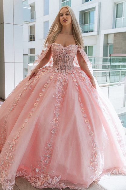 Quinceañera | Blush 3D Flower Sheer Bodice Mesh Long Train Quince Dress Ball Gown with Side Mesh Long Drapes | Plus Size Available | Leya dress  front view