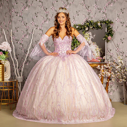  Lilac/Champagne Jewel Sequin Mesh Ball Gown w/ Detachable Long Sleeves Quince Dress front view