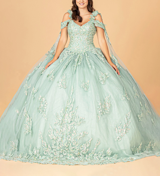 Sage 3D Flower Appliqué Mesh Sweet 15 Ball Gown with Side Mesh Drape front