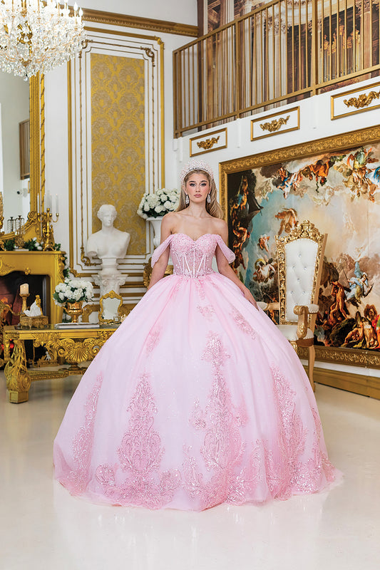 Quinceanera | Pink Off-Shoulder Beaded Bodice Long Train Dress with Matching Tiara | Malena dress front view