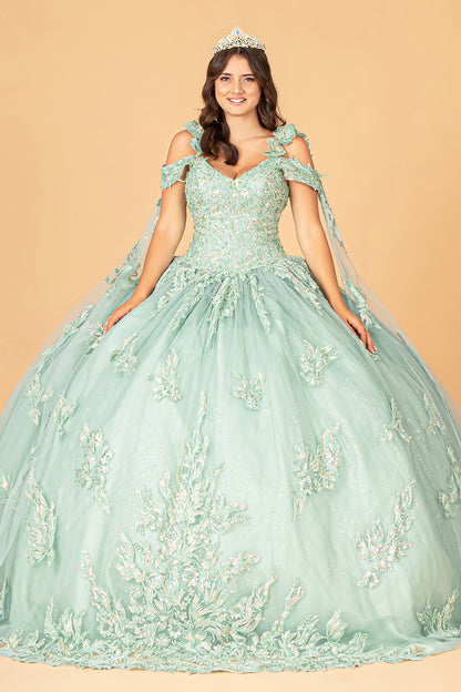 Quinceañera | Sage 3D Flower Appliqué Mesh Sweet 15 Ball Gown with Side Mesh Drapes | Rio dress front view