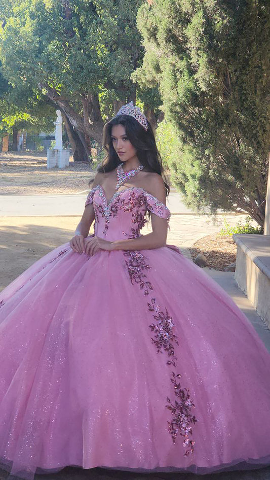 Quinceañera | Dusty Rose 3D Floral Appliqué Off-Shoulder Dress with Detachable Bow | Rocio dress side view