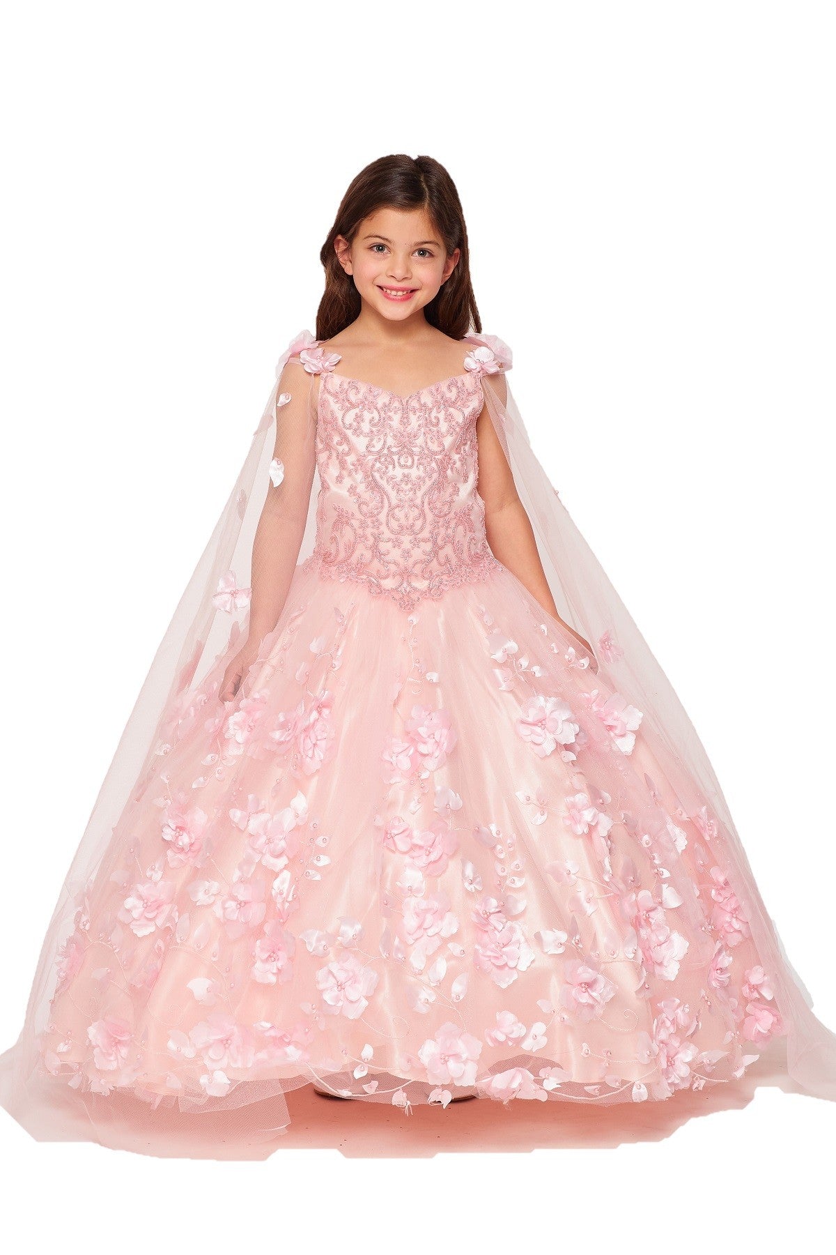 Mini Quince | Blush 3D Flower, Stone and Pearl 3 Anos Mini Quinceanera Dress with Detachable Cape | Harper dress | 4 Colors whole view 