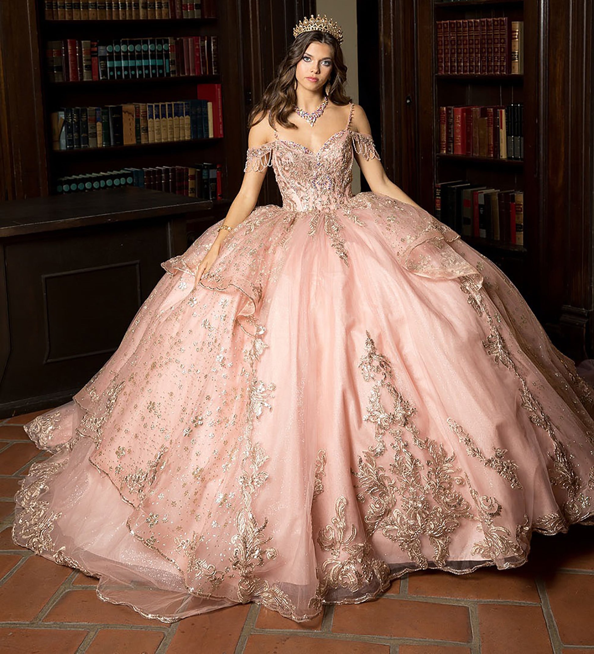 Quinceañera | Rose Gold Off Shoulder Epaulets Sleeve with Detachable Cathedral Tulle Train Quince Ball Gown | Esmeralda dress | 2 Colors Available front with tiara