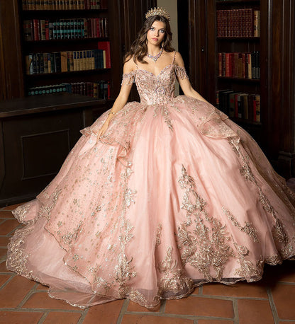 Quinceañera | Rose Gold Off Shoulder Epaulets Sleeve with Detachable Cathedral Tulle Train Quince Ball Gown | Esmeralda dress | 2 Colors Available front with tiara