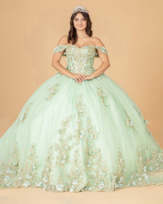 Quinceañera | Sage 3D Flower Appliqué Sweetheart Neckline Mesh Sweet 15 Ball Gown |