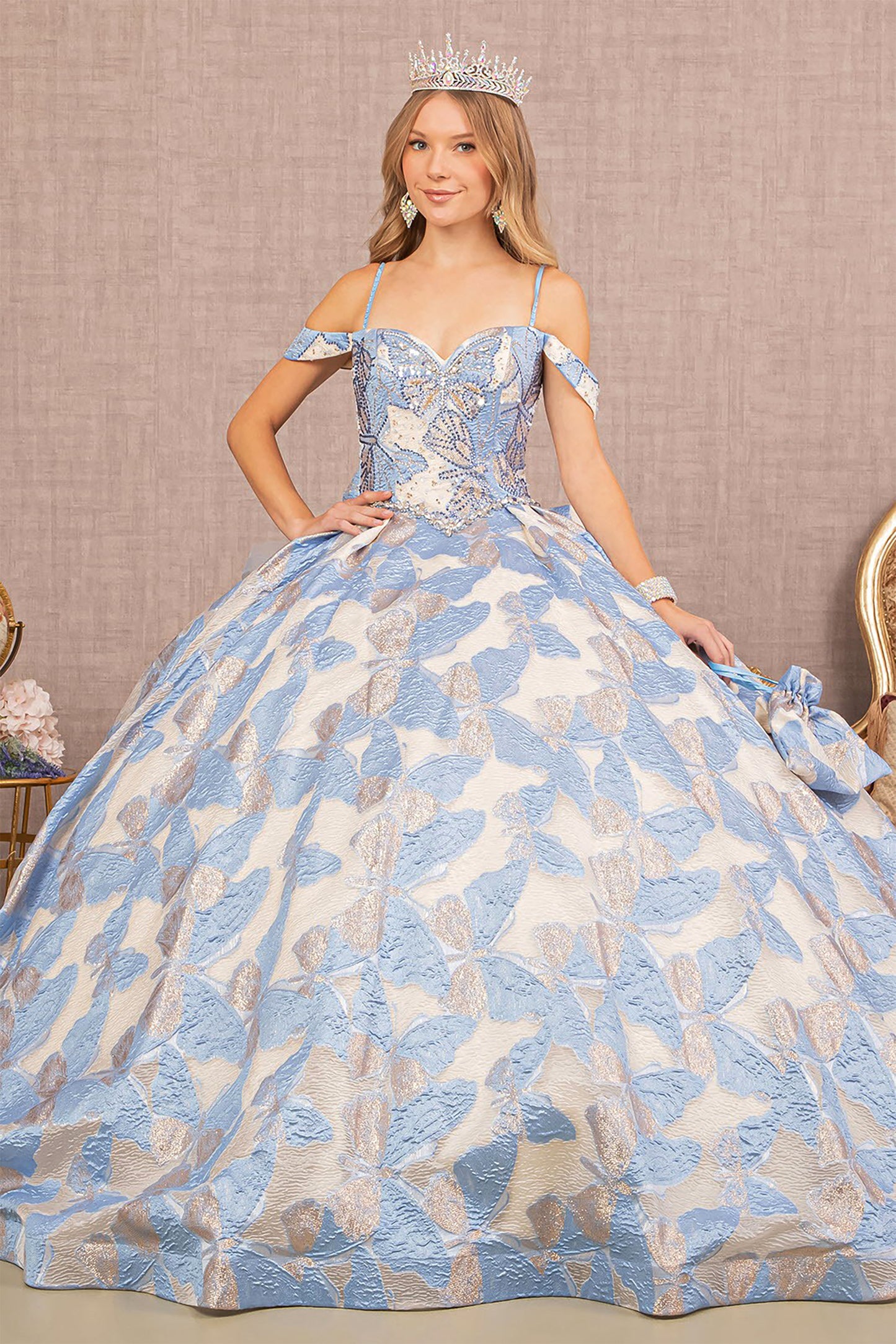 Quinceañera | Sky Blue Ribbon Jewel Quince Gown with Long Mesh Tail and Mini Bag | Ramona dress front whole dress