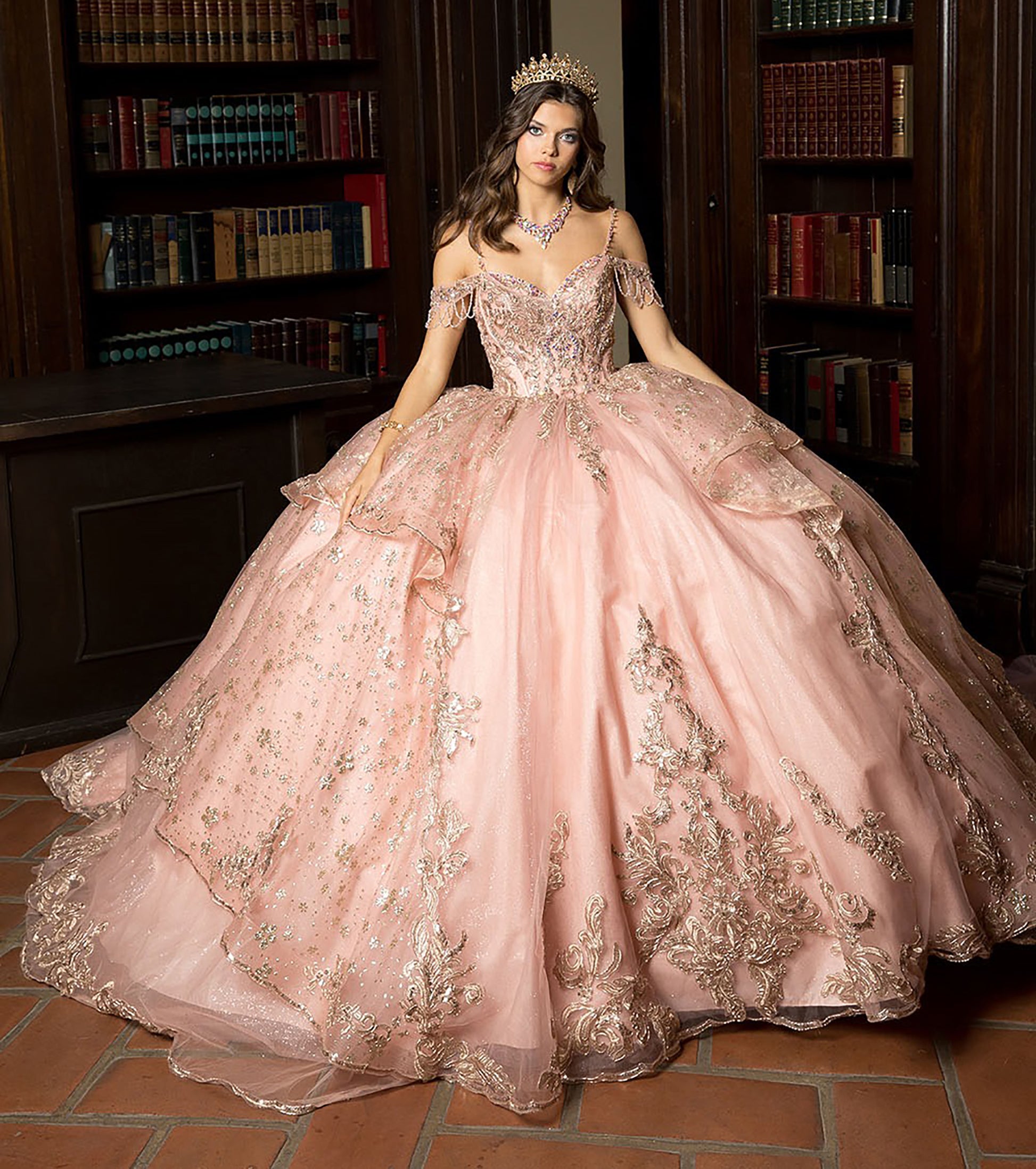 Quinceañera | Rose Gold Off Shoulder Epaulets Sleeve with Detachable Cathedral Tulle Train Quince Ball Gown | Esmeralda dress | 2 Colors Available front with tiara