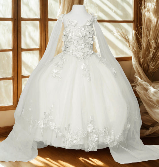 Flower Girl Dress | White Mini Quince Ball Gown with Floral Appliqué Bodice and Layered Tulle | Lusia dress