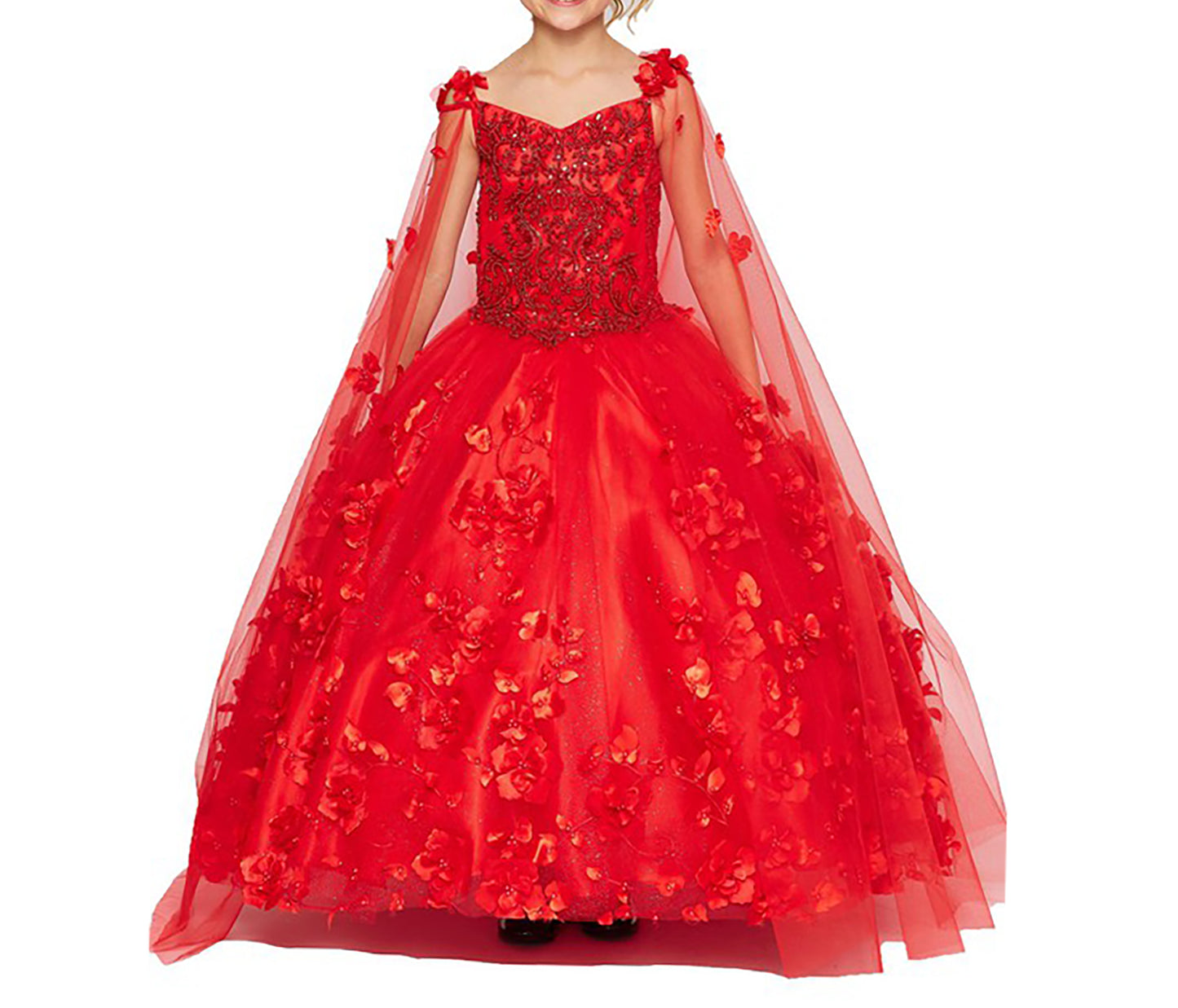 Mini Quince | Red 3D Flower, Stone and Pearl 3 Anos Mini Quinceanera Dress with Detachable Cape | Harper dress | 4 Colors whole dress