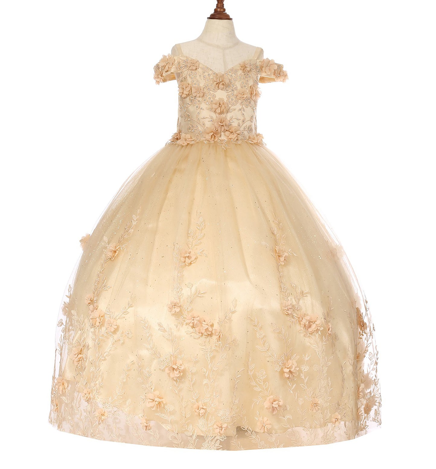 Mini Quince | Champagne Off-shoulder 3D Floral Applique with Glittered Lace Tulle Mini Quinceanera 3-Anos Dress | Emilia dress | 3 Colors Available