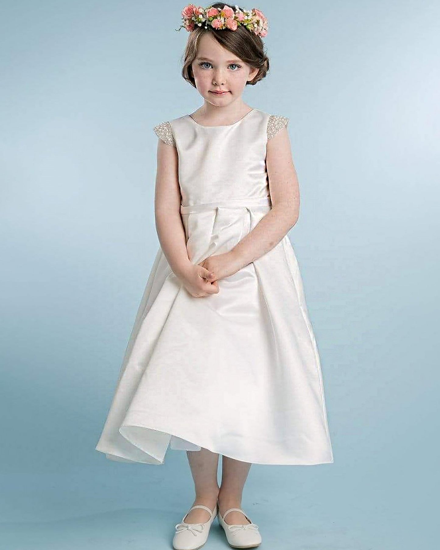 ivory white full satin kids formal flower girl dress with detachable pearl sash and flowing A-line silhouette.