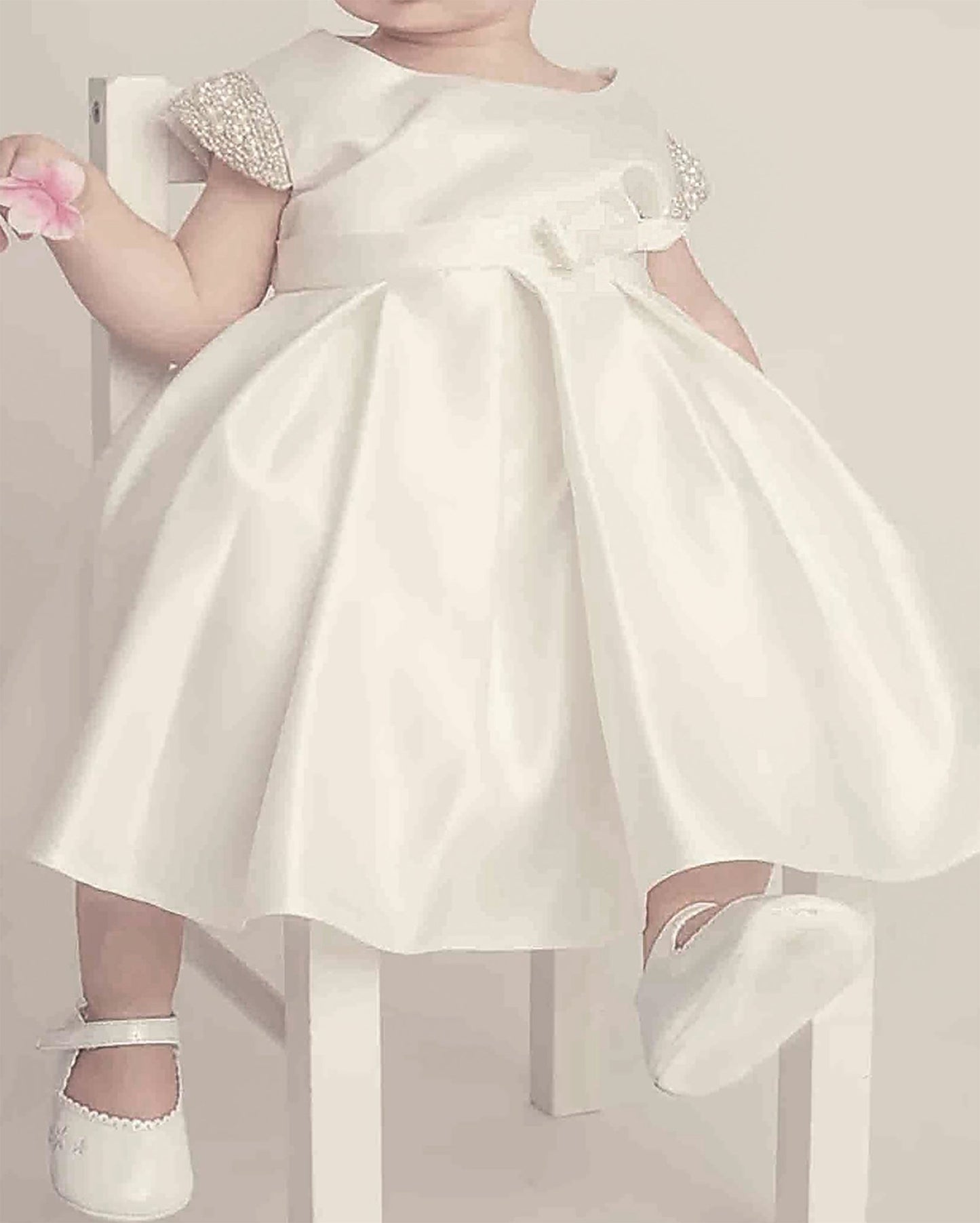 Front view of Ivory White Full Satin flower girl dress with Detachable Pearl Sash.