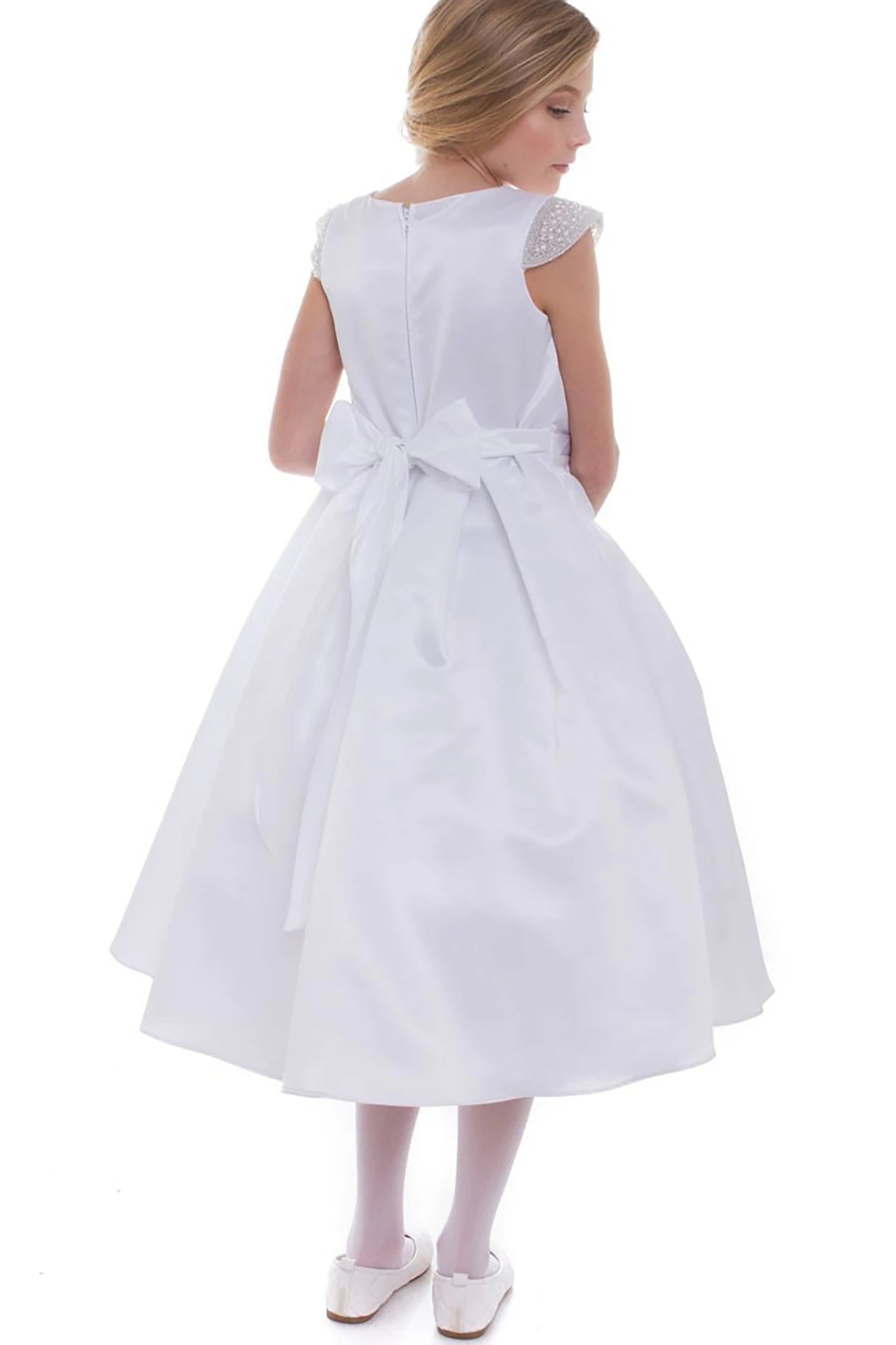 White flower girl dress with lace sleeves. Also suitable as a communion dress. Also suitable as a baptism dress.