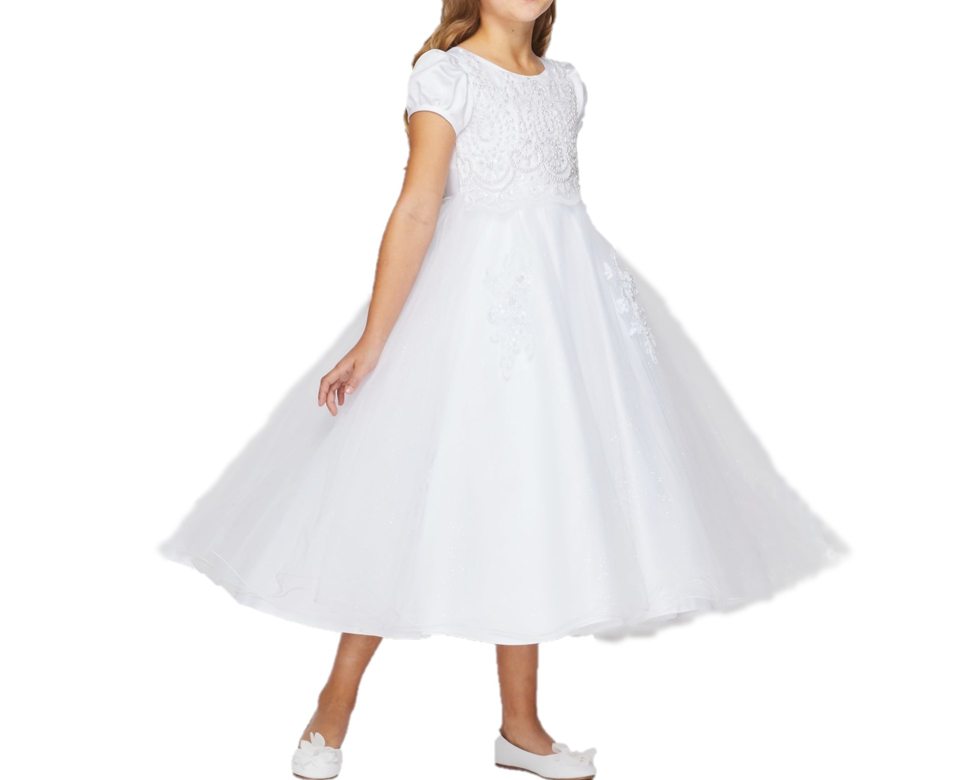 Communion Elegant Cap Sleeves with Pearl Satin and Tulle Dress | Classic First Communion Dress | White Flower Girl Dress - zoomed in view of girl wearing dress with hands at sides facing side