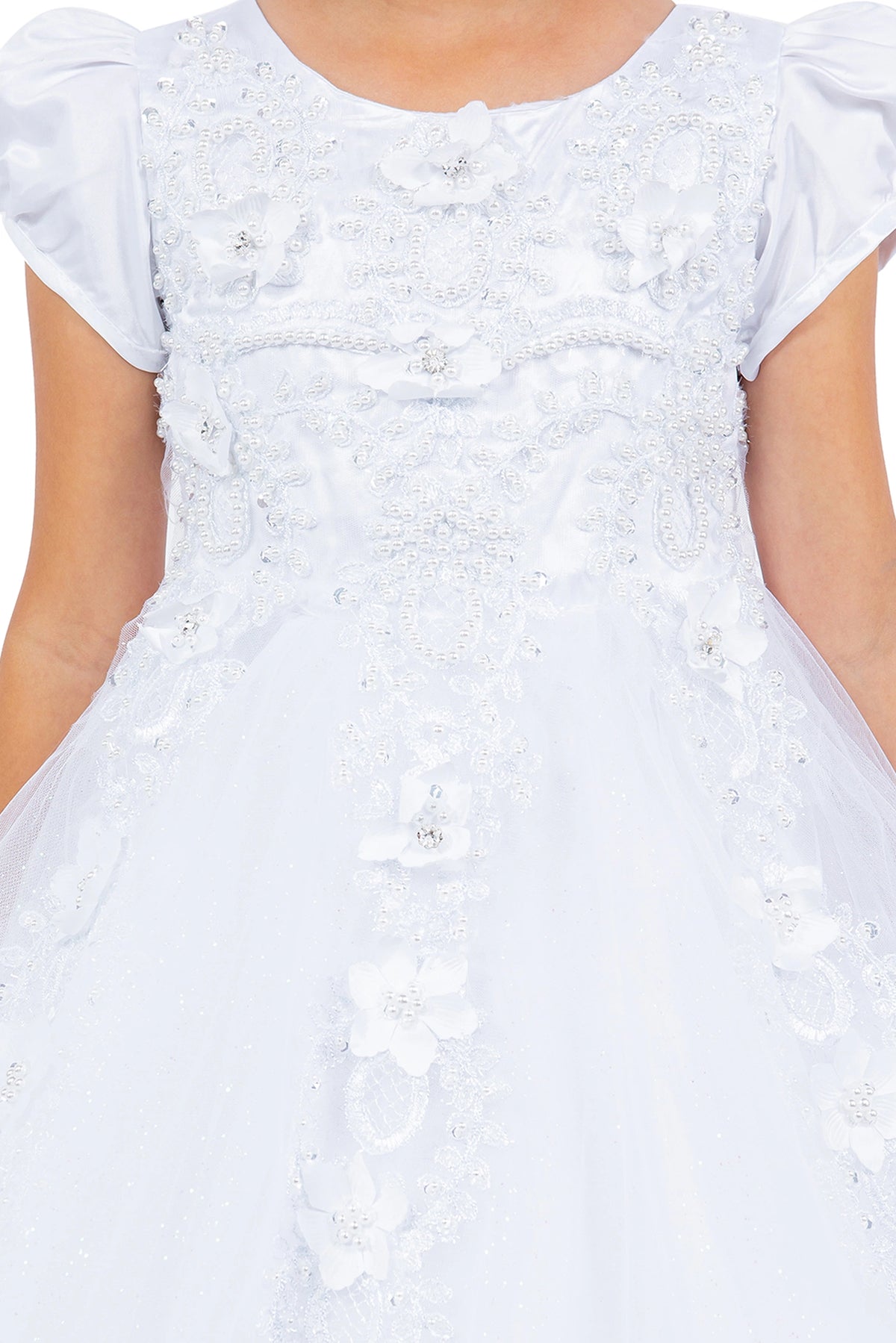 Beaded floral lace covers the bodice of the White communion dress.