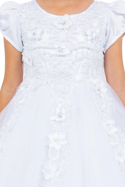Beaded floral lace covers the bodice of the White communion dress.