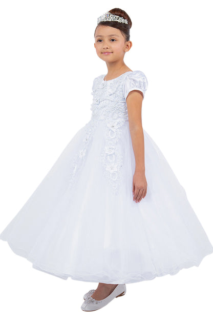 Layered tulle gives the White communion dress its rounded tea-length skirt.