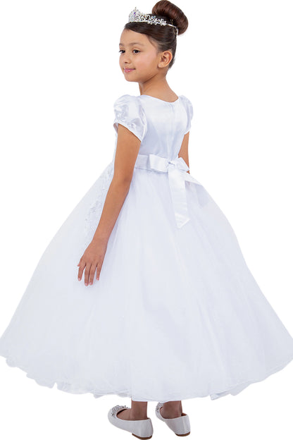 Satin bow ties the back of this White communion dress beneath its zipper.