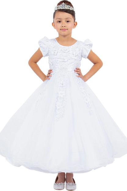 Flowing tulle panels soften the hem of this White communion dress.
