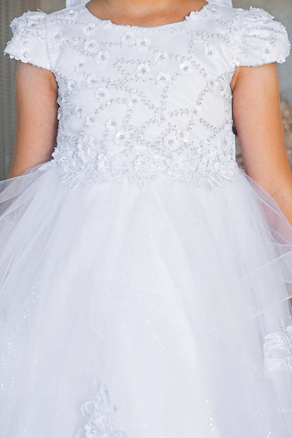 Floral lace outlines the wide neckline of the White communion dress.