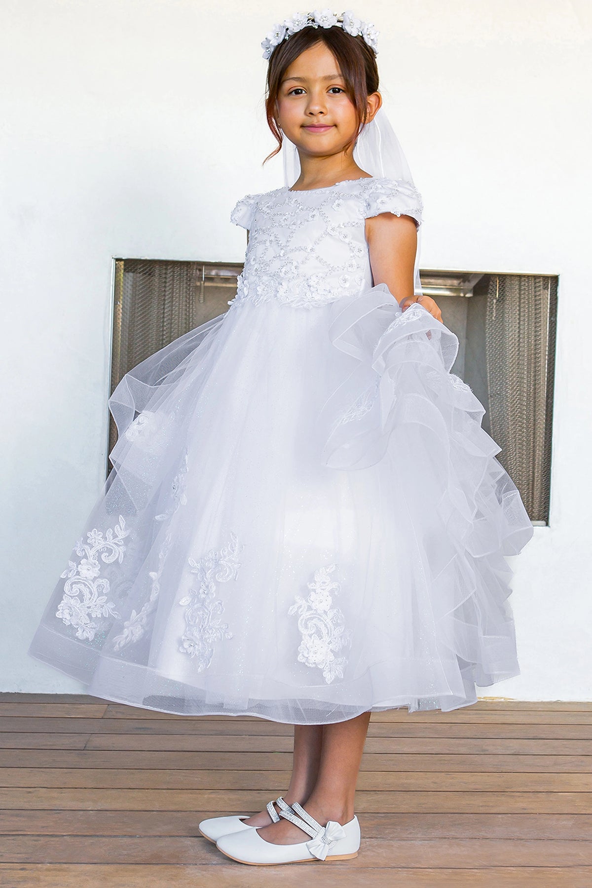 Ruffled side tiers add volume to this White communion dress skirt.